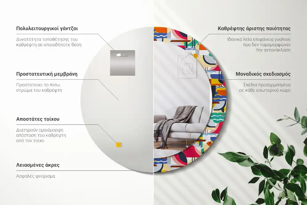 Kulaté zrcadlo tištěný rám tropičtí ptáci v geometrii