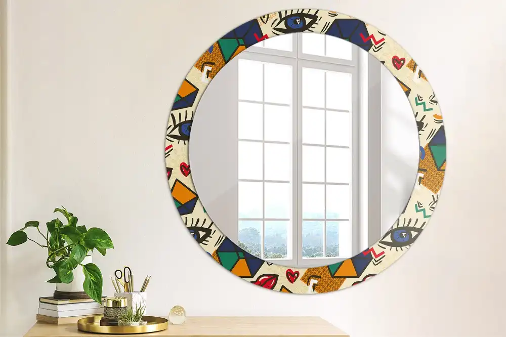 Kulaté zrcadlo tištěný rám estetika pop-art