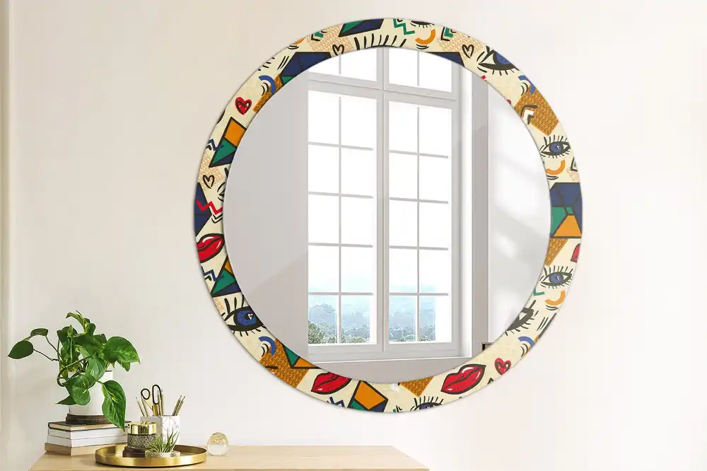 Kulaté zrcadlo tištěný rám estetika pop-art