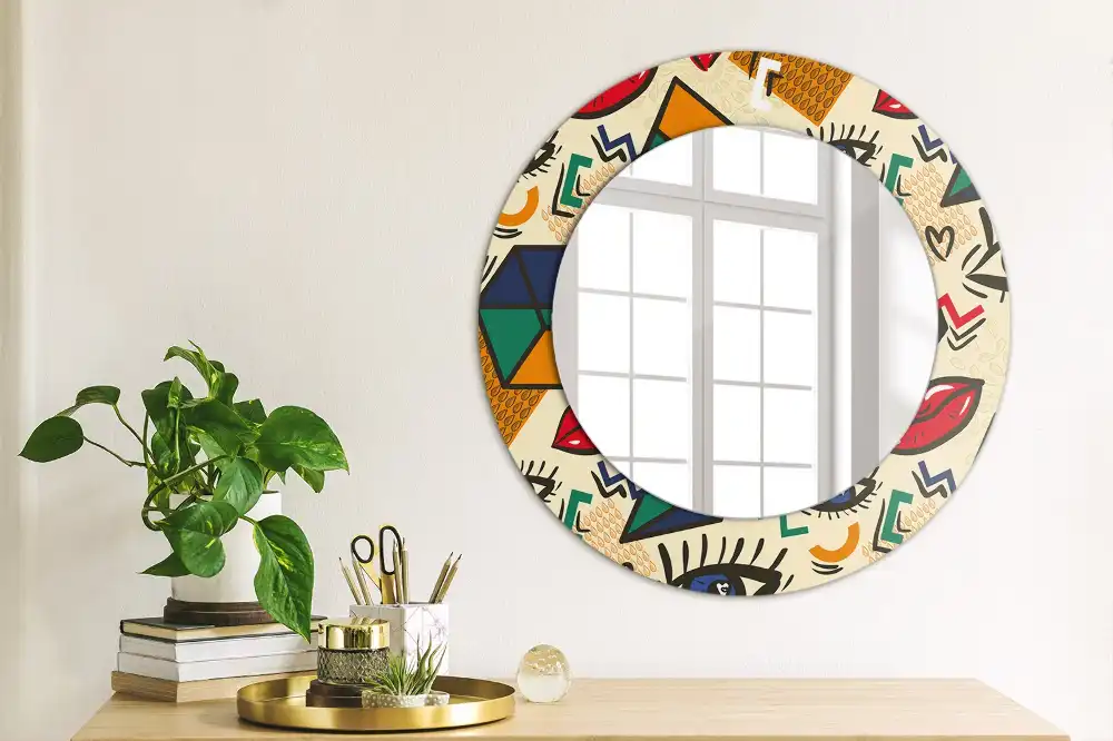 Kulaté zrcadlo tištěný rám estetika pop-art