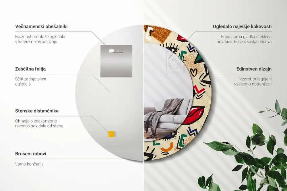 Kulaté zrcadlo tištěný rám estetika pop-art