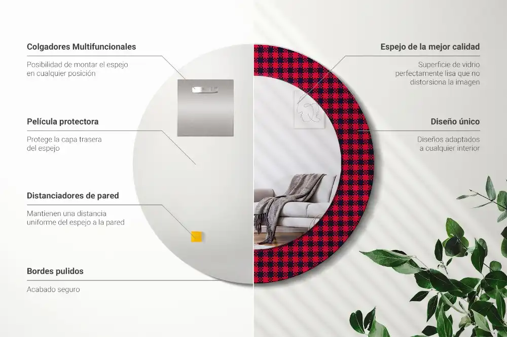 Kulaté zrcadlo tištěný rám červená kostka
