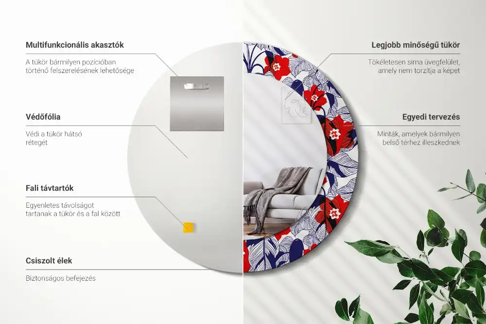 Kulaté zrcadlo tištěný rám rostlina filodendron