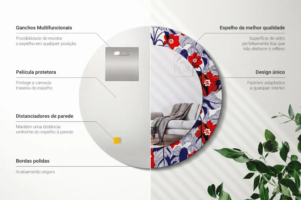 Kulaté zrcadlo tištěný rám rostlina filodendron