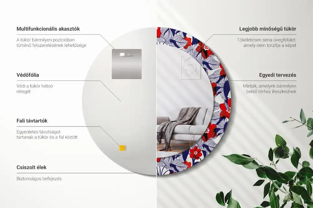 Kulaté zrcadlo tištěný rám rostlina filodendron