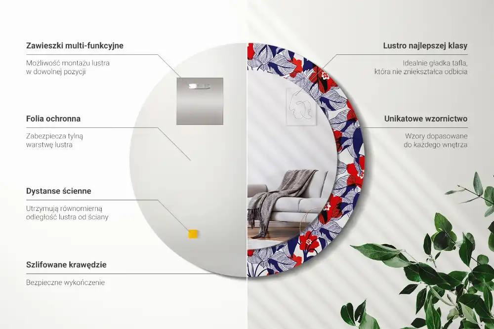 Kulaté zrcadlo tištěný rám rostlina filodendron