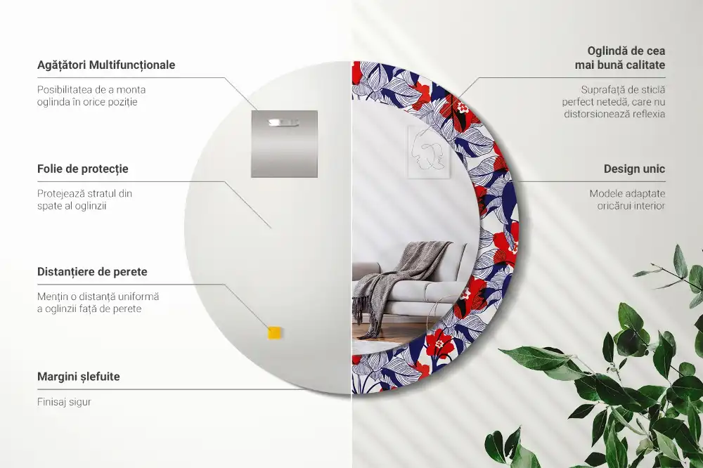 Kulaté zrcadlo tištěný rám rostlina filodendron
