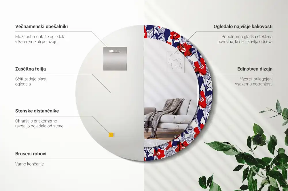 Kulaté zrcadlo tištěný rám rostlina filodendron