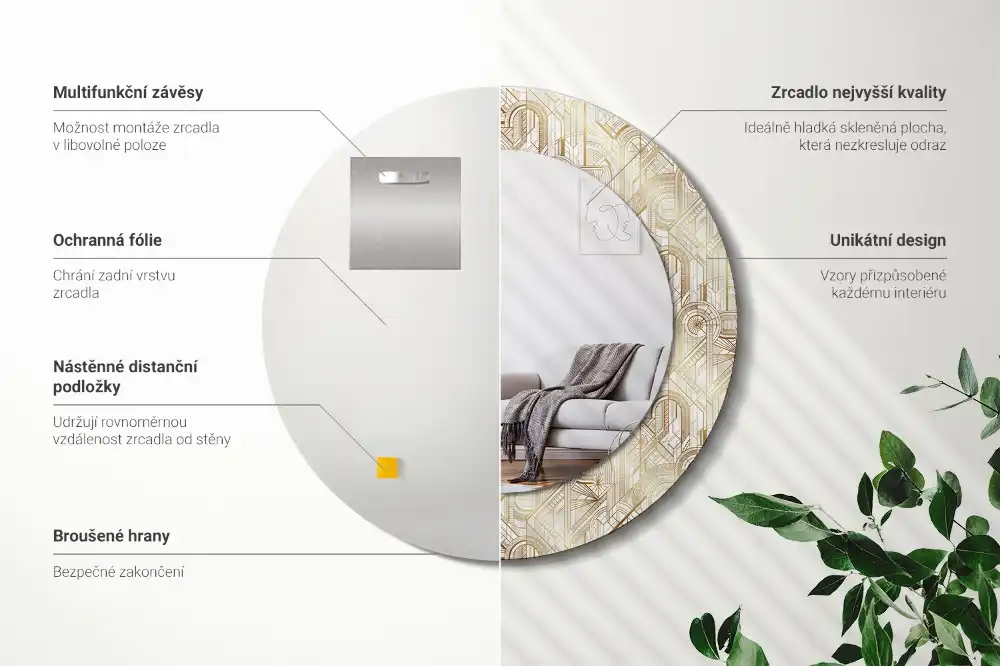 Kulaté dekorační zrcadlo na zeď uspořádání art deco