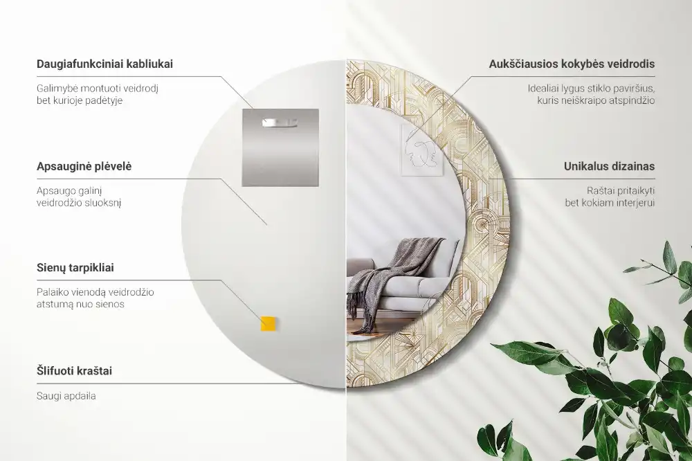 Kulaté dekorační zrcadlo na zeď uspořádání art deco