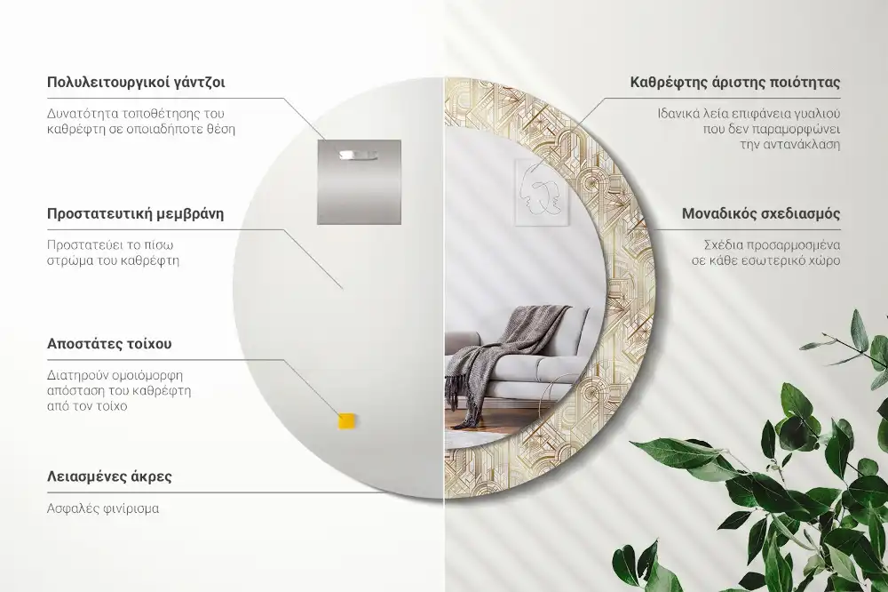 Kulaté dekorační zrcadlo na zeď uspořádání art deco
