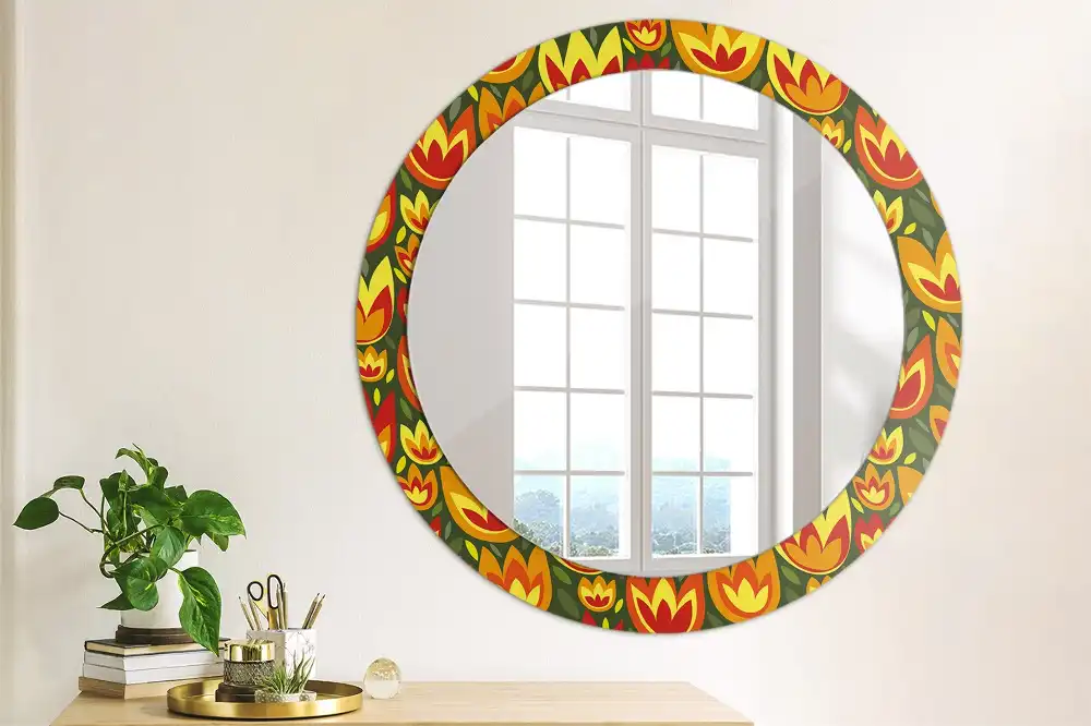 Kulaté dekorativní zrcadlo s retro motivem tulipánů