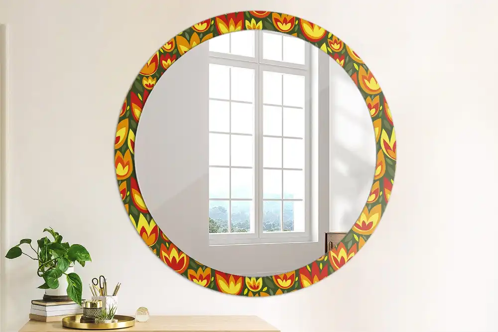 Kulaté dekorativní zrcadlo s retro motivem tulipánů