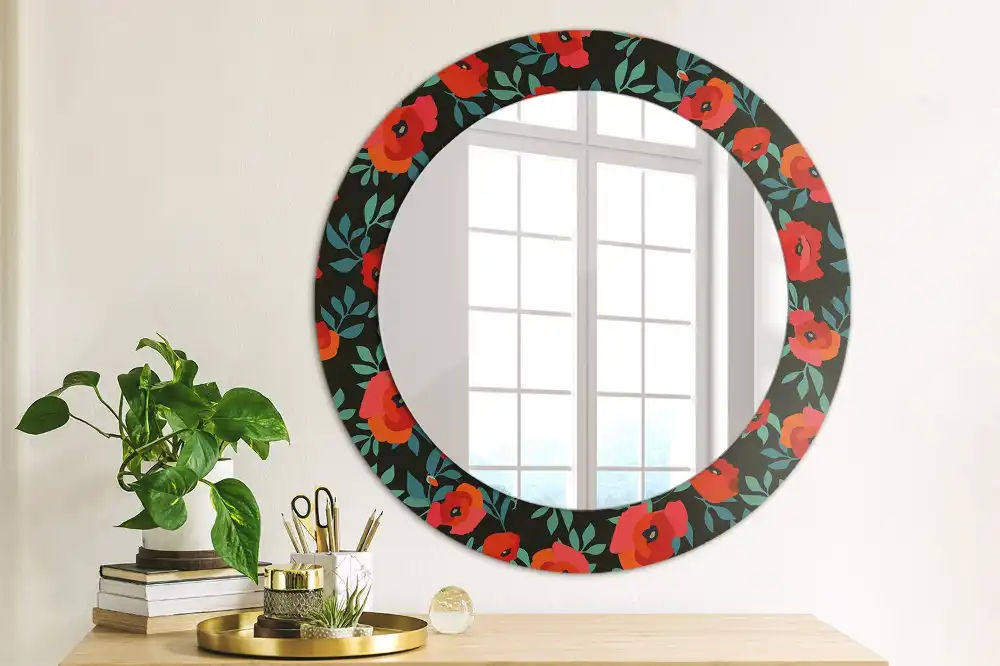 Kulaté zrcadlo tištěný rám červený mák