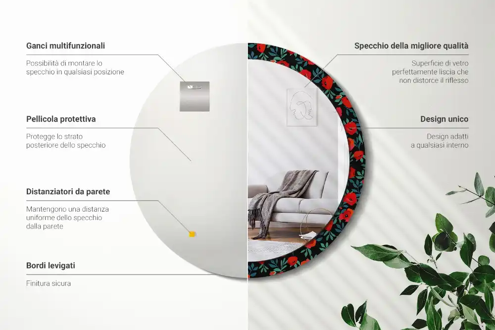 Kulaté zrcadlo tištěný rám červený mák