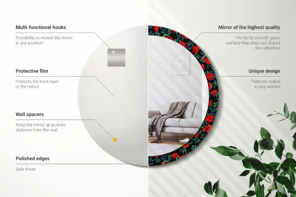 Kulaté zrcadlo tištěný rám červený mák