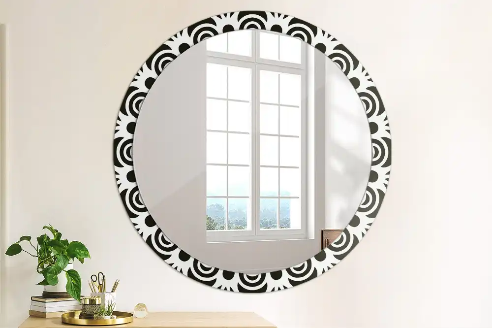 Kulaté zrcadlo tištěný rám černý ornament