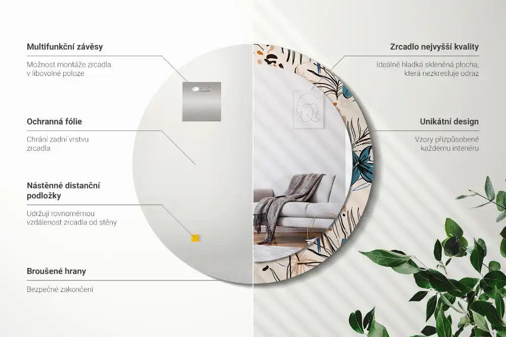 Kulaté dekorativní zrcadlo s květinovým džunglovým vzorem