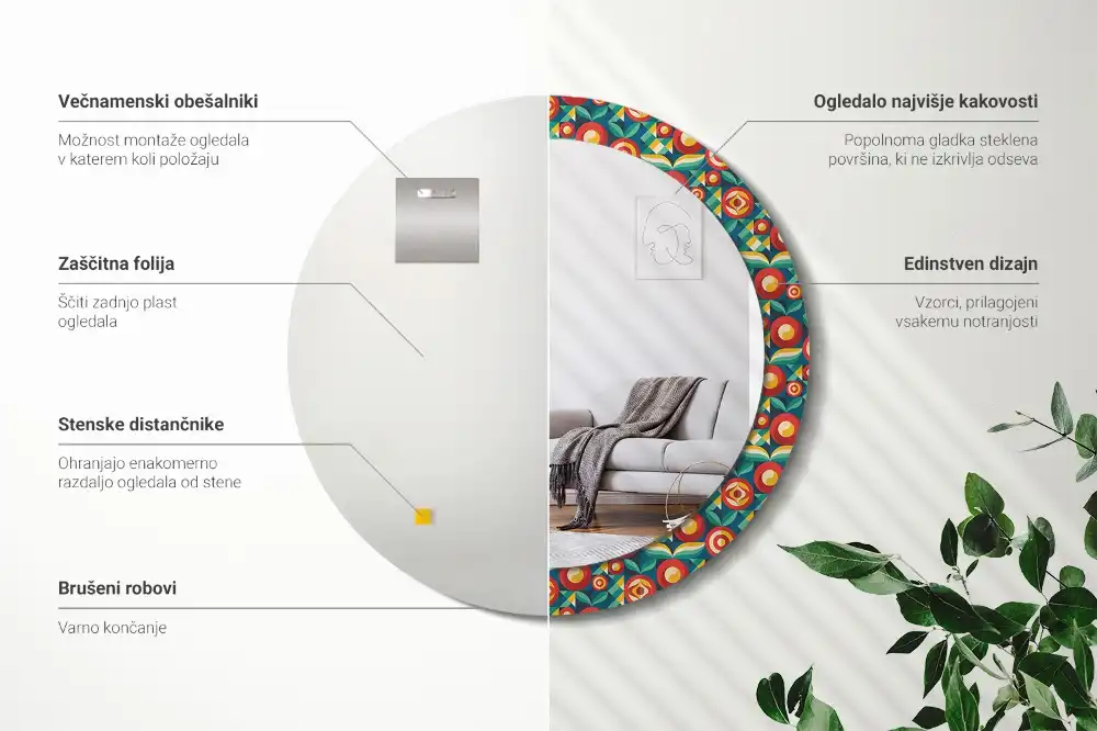 Kulaté dekorační zrcadlo na zeď zgeometrizované ovoce a listy
