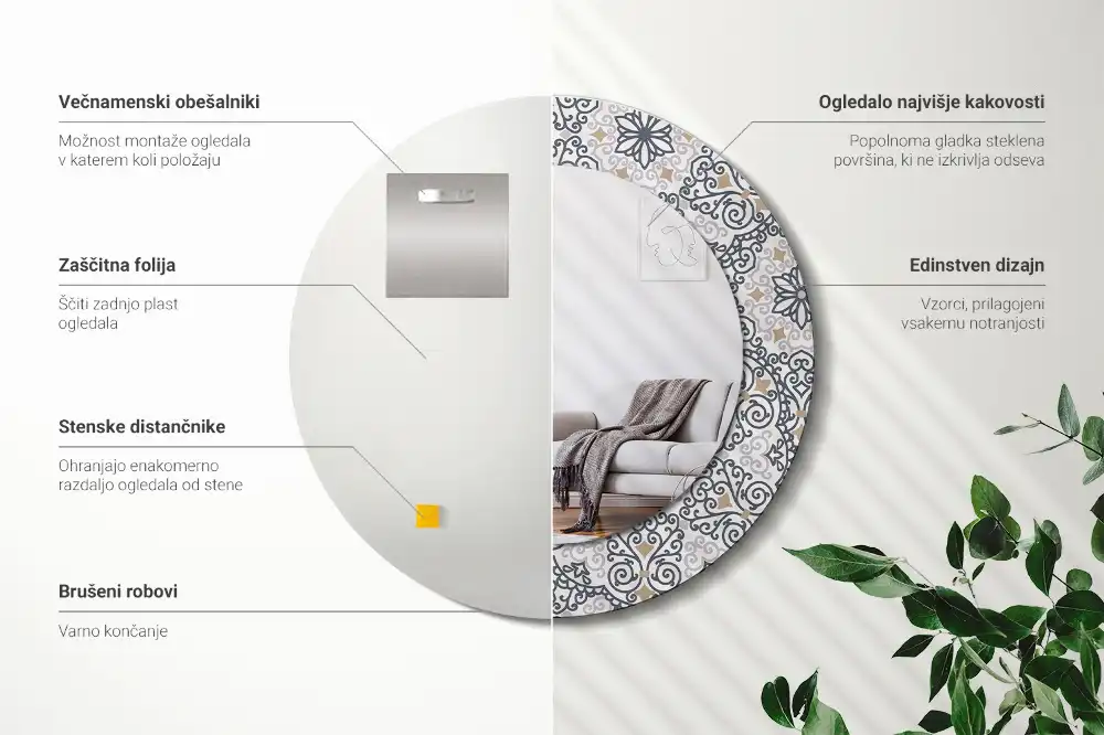 Kulaté zrcadlo s potiskem geometrických ornamentů