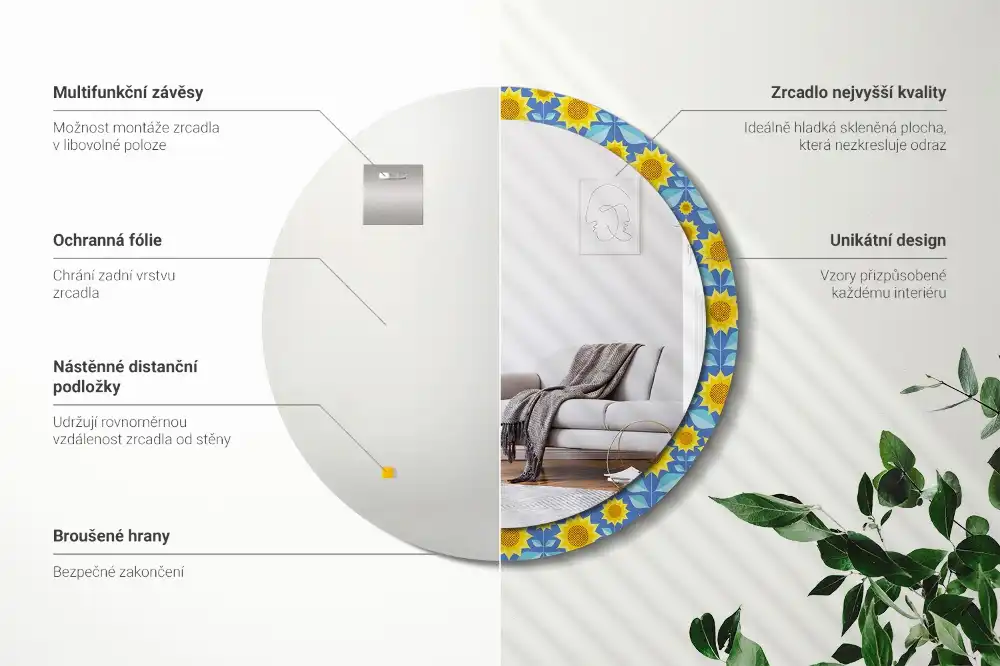 Kulaté dekorační zrcadlo na zeď geometrické slunečnice