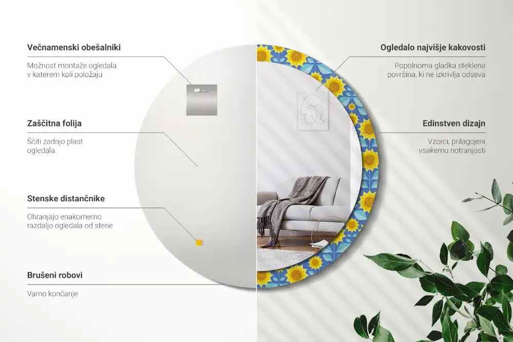 Kulaté dekorační zrcadlo na zeď geometrické slunečnice
