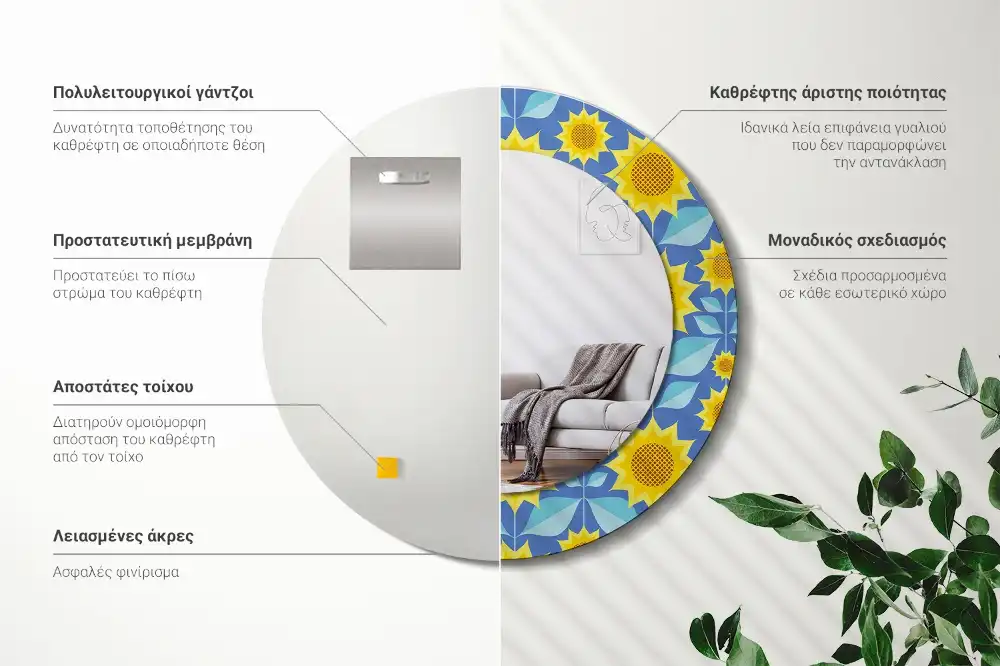 Kulaté dekorační zrcadlo na zeď geometrické slunečnice
