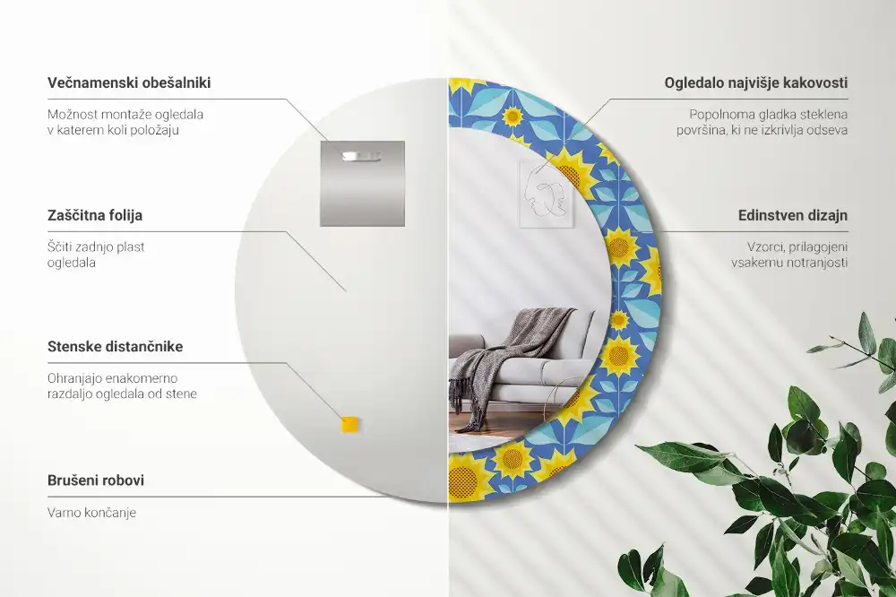 Kulaté dekorační zrcadlo na zeď geometrické slunečnice