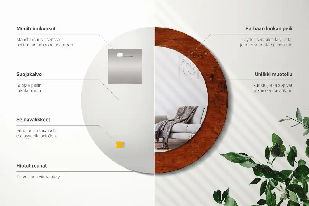 Kulaté zrcadlo tištěný rám přírodní dřevo