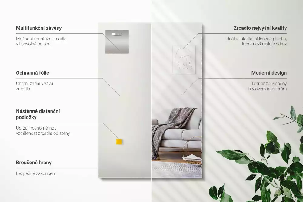 Nástěnné obdélníkové zrcadlo v moderním stylu bez rámu