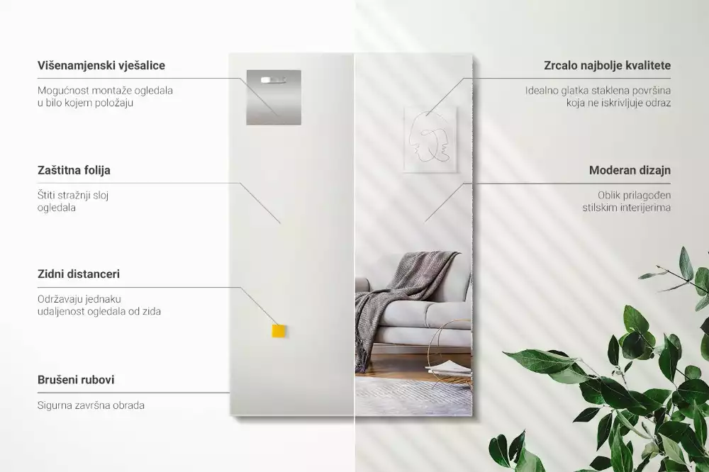 Nástěnné obdélníkové zrcadlo v moderním stylu bez rámu