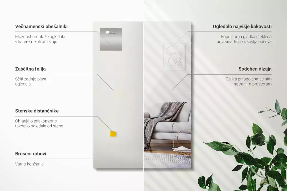 Nástěnné obdélníkové zrcadlo v moderním stylu bez rámu