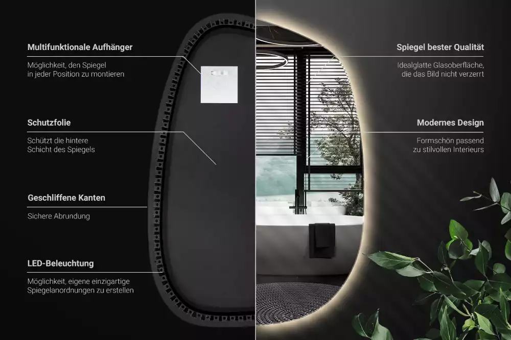 Nepravidelné zrcadlo ve tvaru skvrny s modernistickým designem