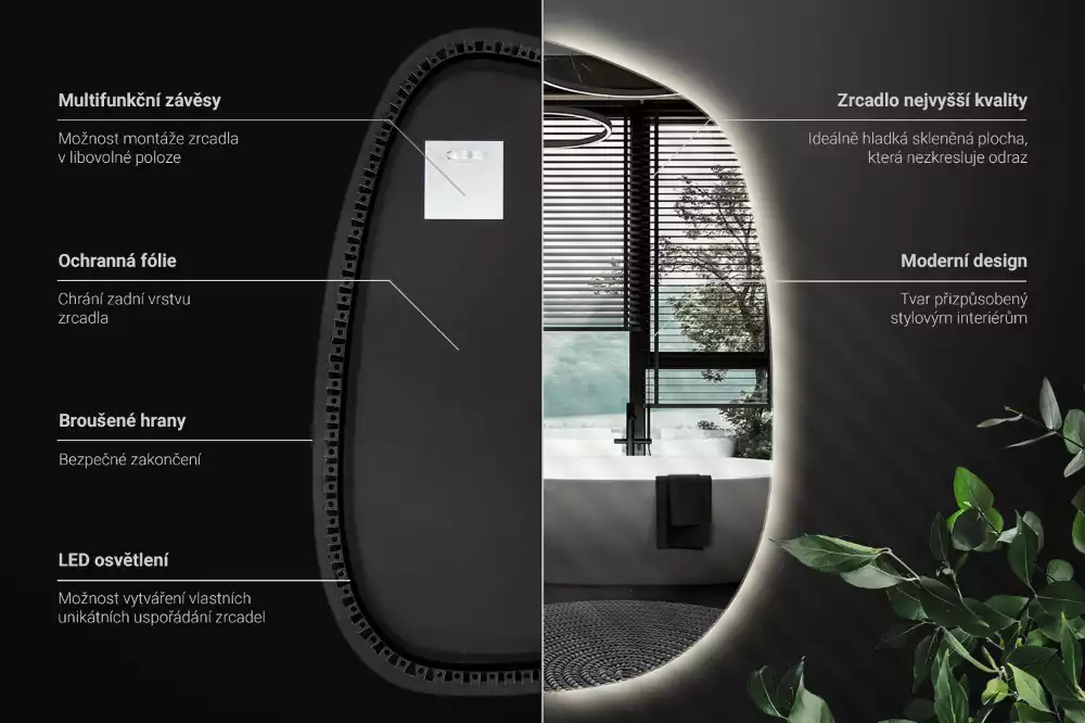 Nepravidelné zrcadlo ve tvaru skvrny s modernistickým designem