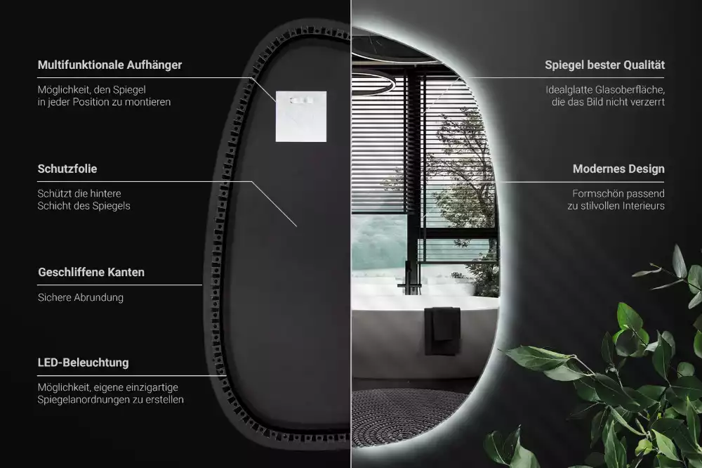 Nepravidelné zrcadlo ve tvaru skvrny s modernistickým designem