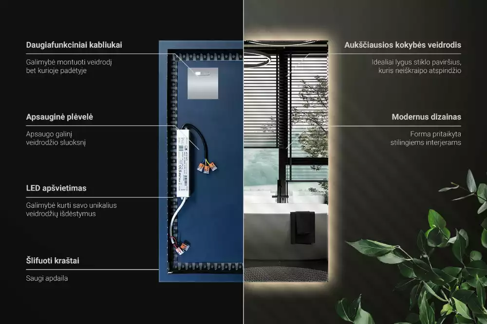 Obdélníkové zrcadlo s LED podsvícením ve univerzálním designu