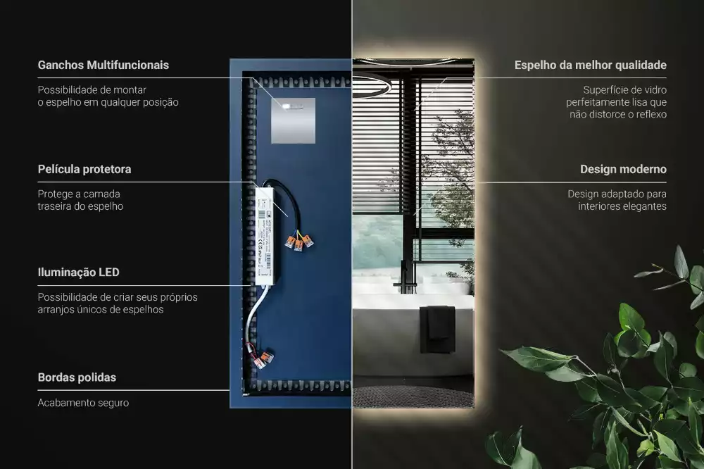 Obdélníkové zrcadlo s LED podsvícením ve univerzálním designu