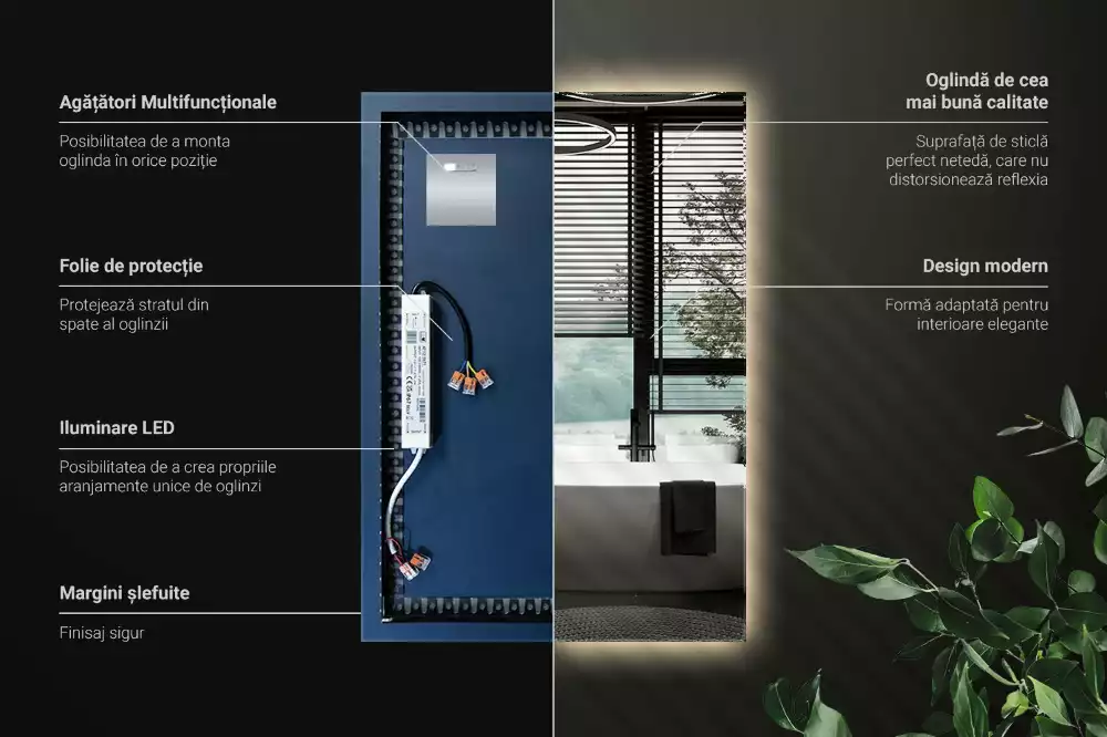 Obdélníkové zrcadlo s LED podsvícením ve univerzálním designu