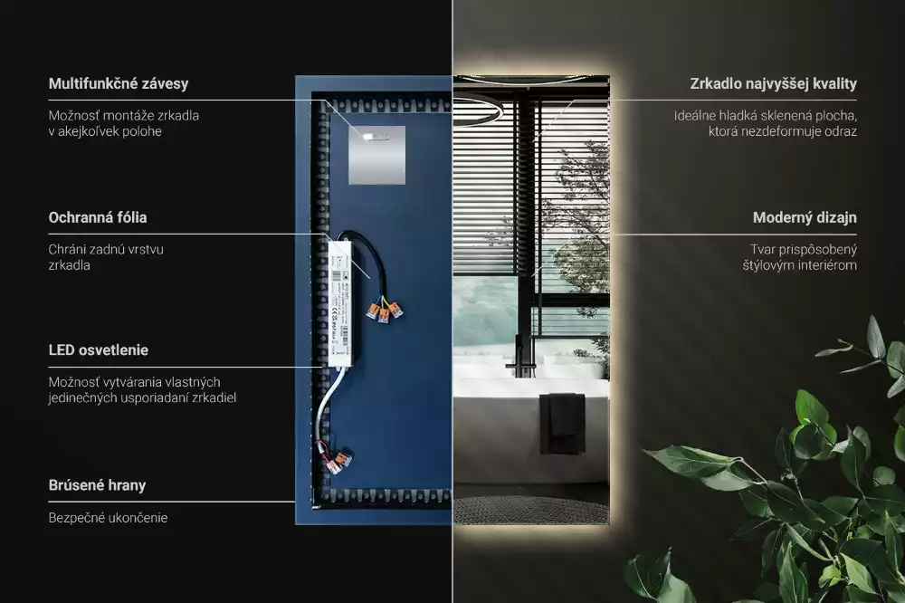 Obdélníkové zrcadlo s LED podsvícením ve univerzálním designu