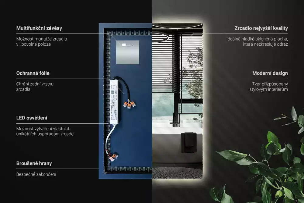Obdélníkové zrcadlo s LED podsvícením ve univerzálním designu