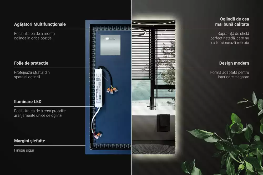 Obdélníkové zrcadlo s LED podsvícením ve univerzálním designu