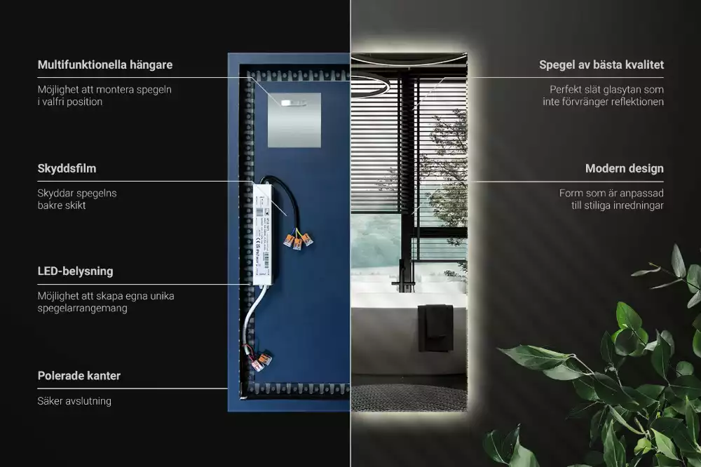 Obdélníkové zrcadlo s LED podsvícením ve univerzálním designu