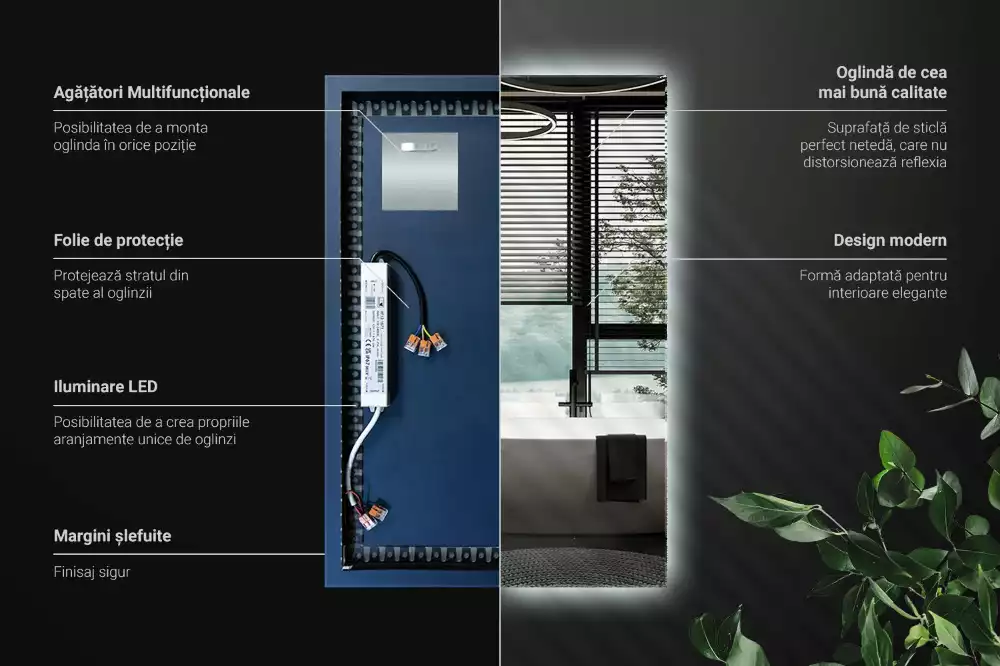 Obdélníkové zrcadlo s LED podsvícením ve univerzálním designu