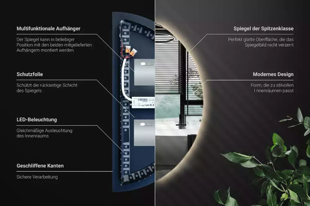 LED půlkruhové zrcadlo jako nástěnná dekorace