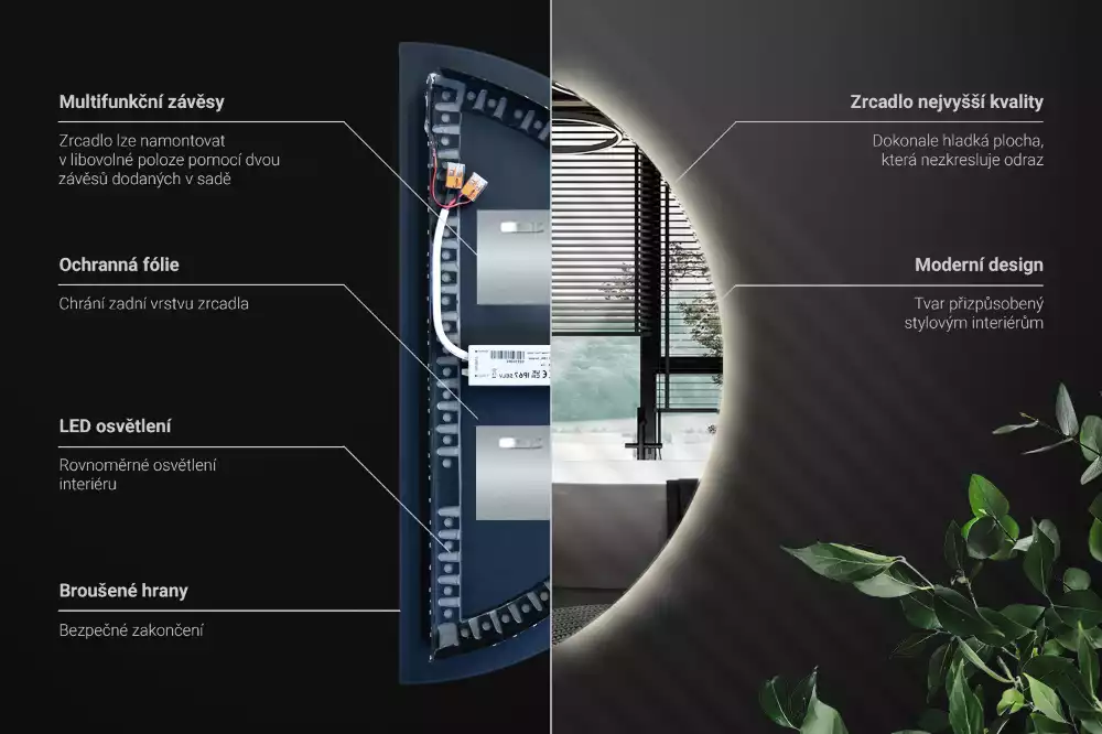 LED půlkruhové zrcadlo jako nástěnná dekorace