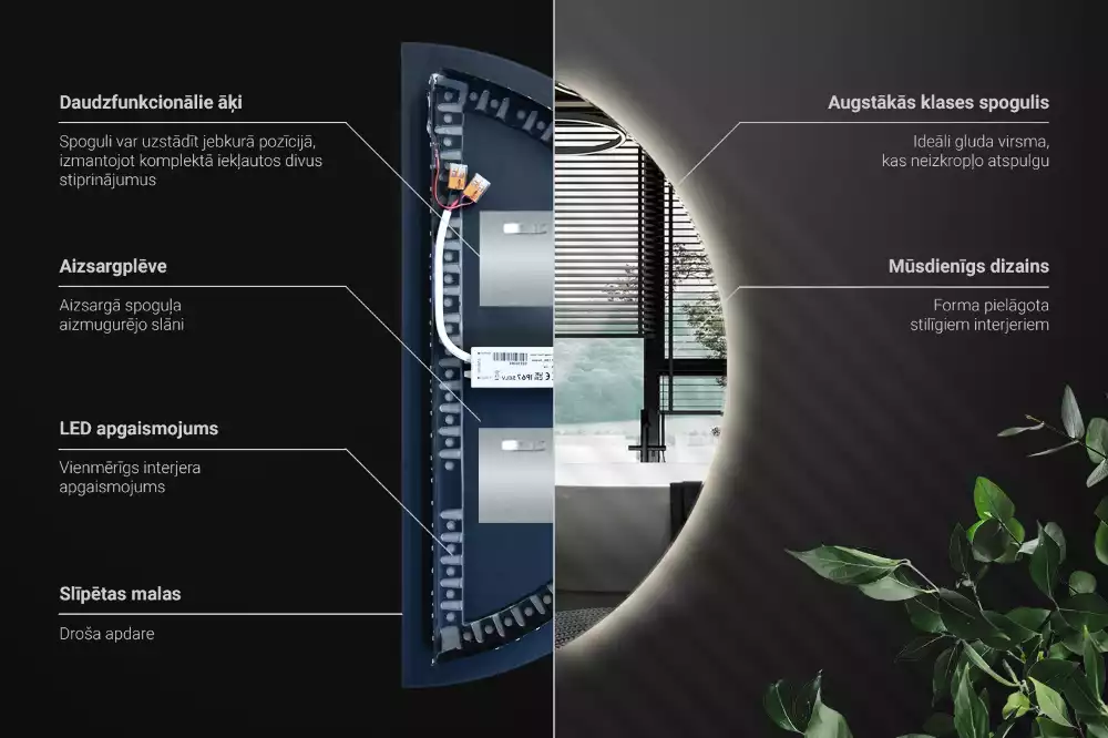 LED půlkruhové zrcadlo jako nástěnná dekorace