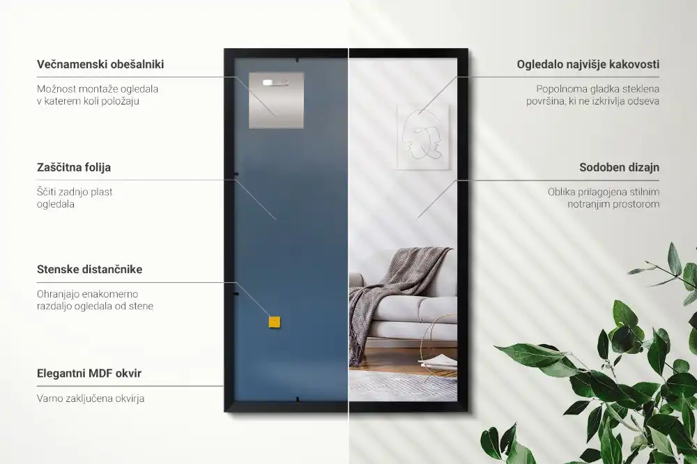 Závěsné obdélníkové zrcadlo v moderním černém rámečku