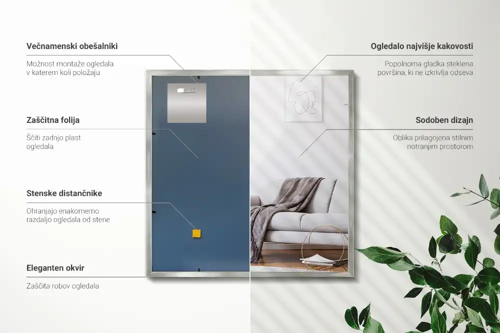 Elegantní nástěnné obdélníkové zrcadlo ve stříbrném rámu