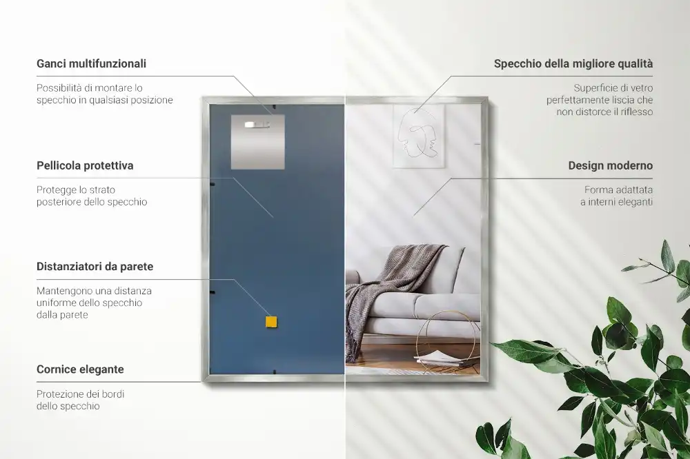 Elegantní nástěnné obdélníkové zrcadlo ve stříbrném rámu
