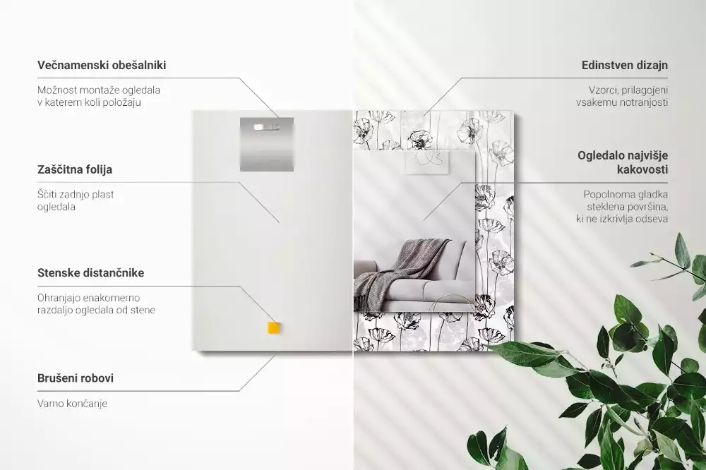 Obdélníkové zrcadlo rám s potiskem jednobarevný květinový vzor